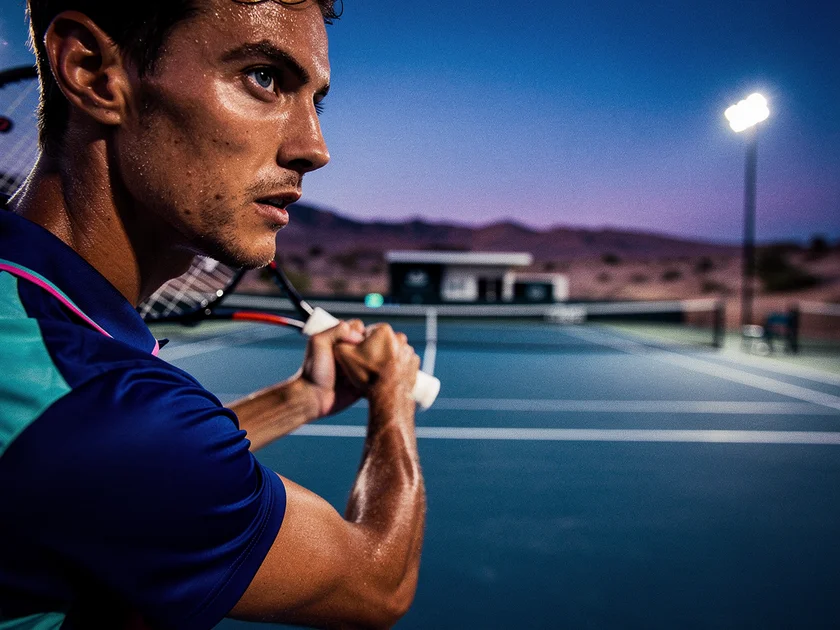 Novak Djokovic serving during his Indian Wells Masters second-round match at the California desert f